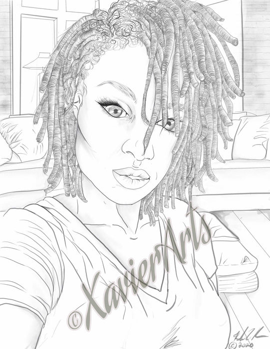 Printable Adult Coloring Page Beautiful Black Woman Grayscale Portrait  Download Illustration Printable JPG File 