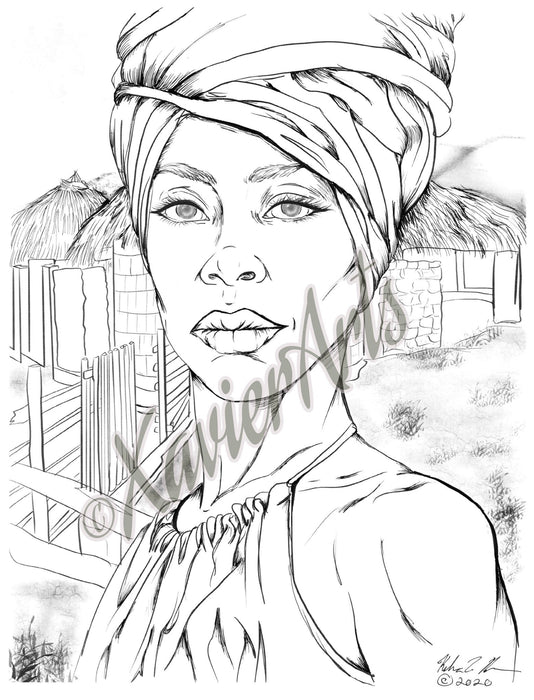 African woman coloring sheet, adult coloring page, Beautiful Original Artwork, Digital download - XavierArts
