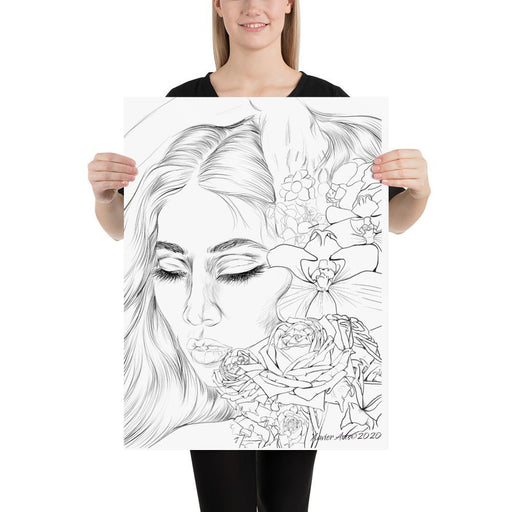 asian woman and flowers coloring poster