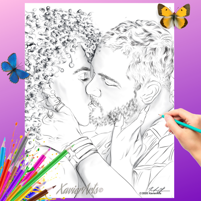 True love kiss coloring sheet, Gray Scale - XavierArts
